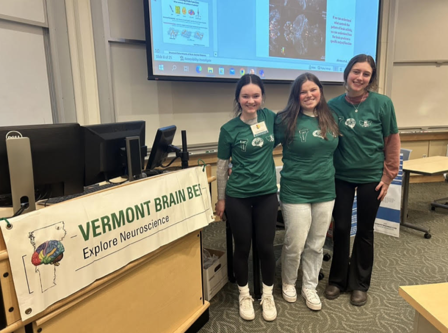 Rice students participate in the Vermont Brain Bee on Feb. 11, 2023, at the University of Vermont in Burlington, VT. From left to right: Emilie Buttolph, Anna Marsella and Keira Underwood. (Photo/Sharon Boardman)
