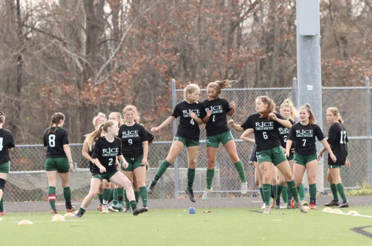 Rice girls soccer team in their warm-ups before the championship match against Milton on November 5, 2022. (Photo/Alan Ouellette)