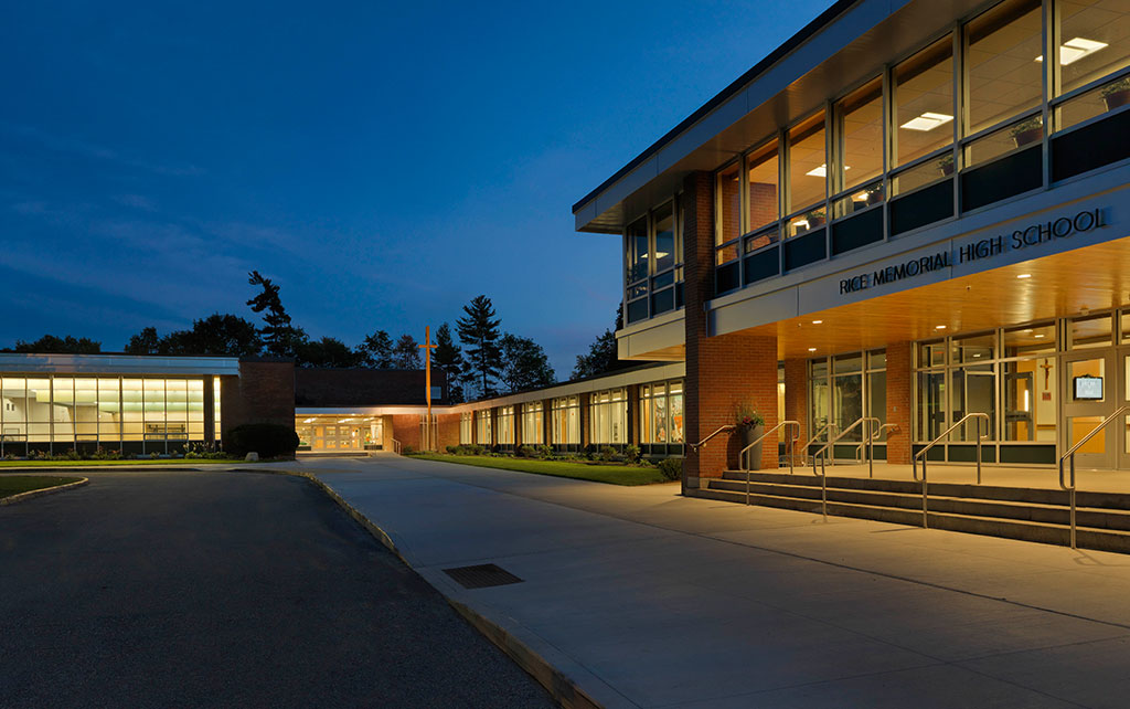 Rice Memorial High School at night.