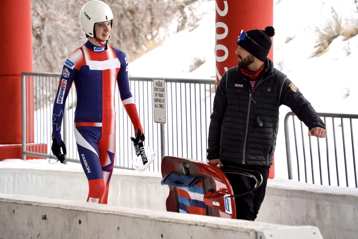 Gabe Desautels with American Youth National B Team Luge Coach Jayson Teridman at Park City, Utah last March.  (Photo/Gabe Desautels)