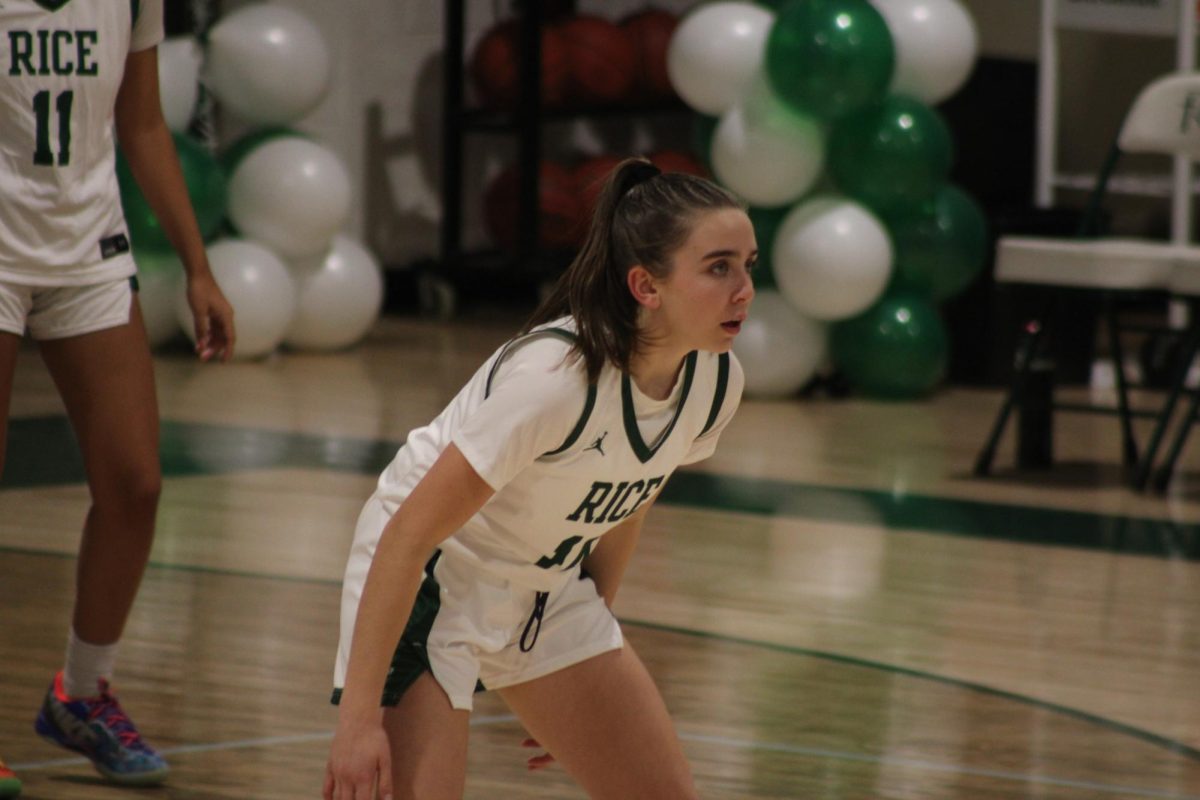 Sophmore Campbell Clarke on defense at the Girls Senior Game against St. Johnsbury Academy.